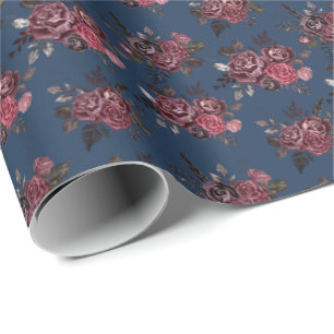 Papel De Presente Buquê Floral Borgonha com Azul Prussiano