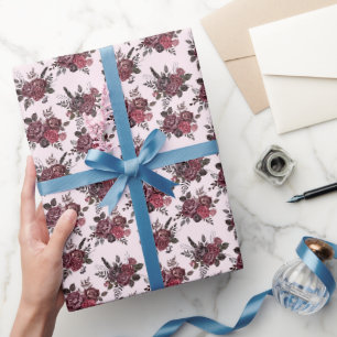 Papel De Presente Buquê Floral Borgonha com Limonada Rosa