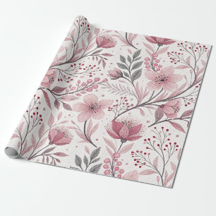 Papel De Presente Buquê Floral Rosa com Acentos de Frutas