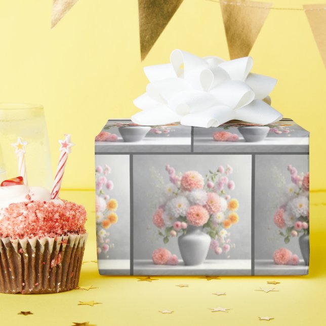 Papel De Presente Buquê Peach e White Dahlia (Festa de aniversário)