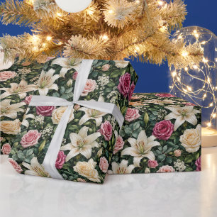 Papel De Presente Buquê Sofisticado de Rosa Lírio Folhagem