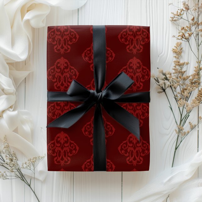 Papel De Presente Burgúndia Natal Barroco Vermelho Flourado (Classic Burgundy Red Baroque Flourish Wrapping Paper)