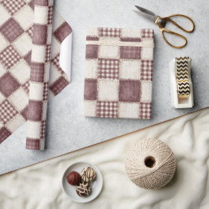 Papel De Presente Burgundy Creme Xadrez Listras Natal