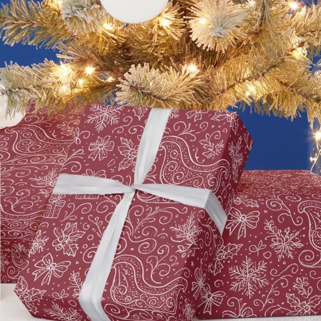 Papel De Presente Burgundy Doodle Natal Sleigh Patterno (Criador carregado)