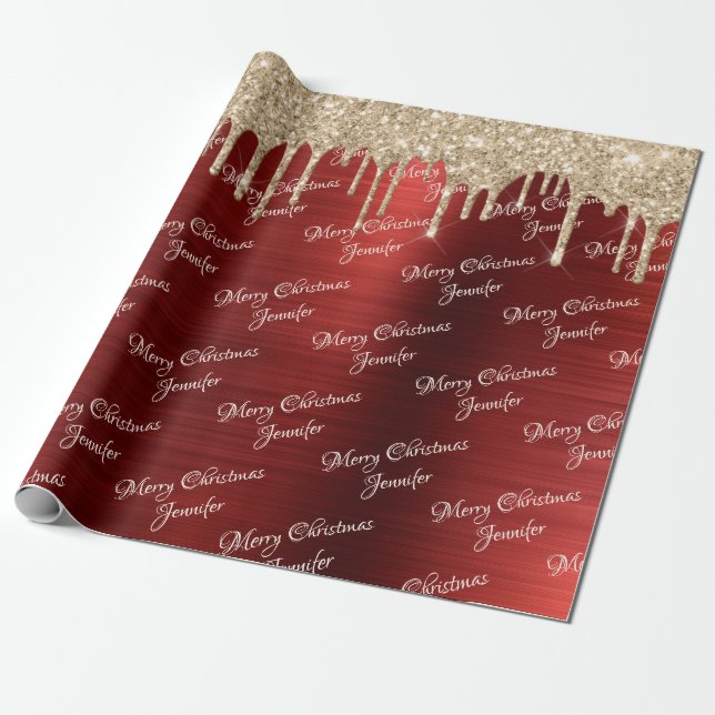 Papel De Presente  Burgundy Dourada Glitter Derrubando Nome de Natal (Desenrolado)