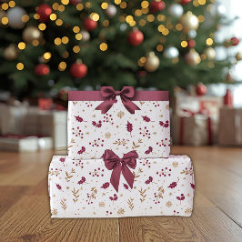 Papel De Presente Burgundy Holly & Gold Christmas Wrapping Paper