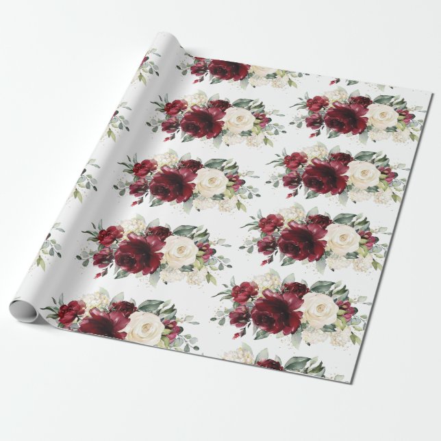 Papel De Presente Burgundy Ivory White Floral Greenerescência  (Desenrolado)