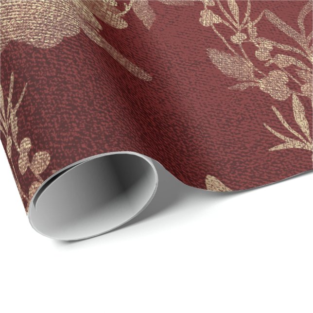 Papel De Presente Burgundy Maroon Foxier Dourada Wreath Blush Royal (Ponta do rolo)