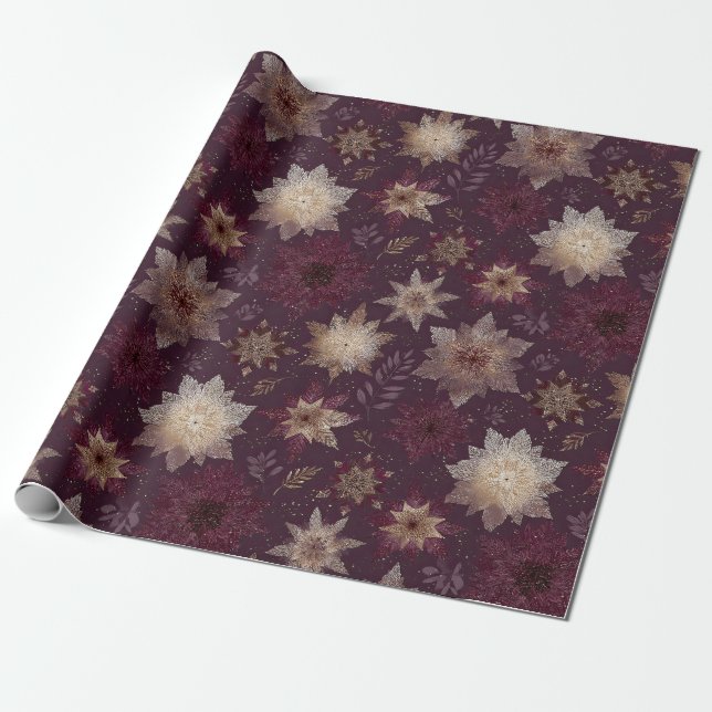 Papel De Presente Burgundy Poinsettia Christmas Pattern (2) (Desenrolado)