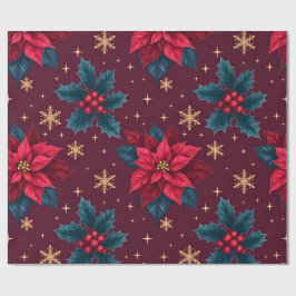 Papel De Presente Burgundy Poinsettia & Gold Snowflake Dark Feminine