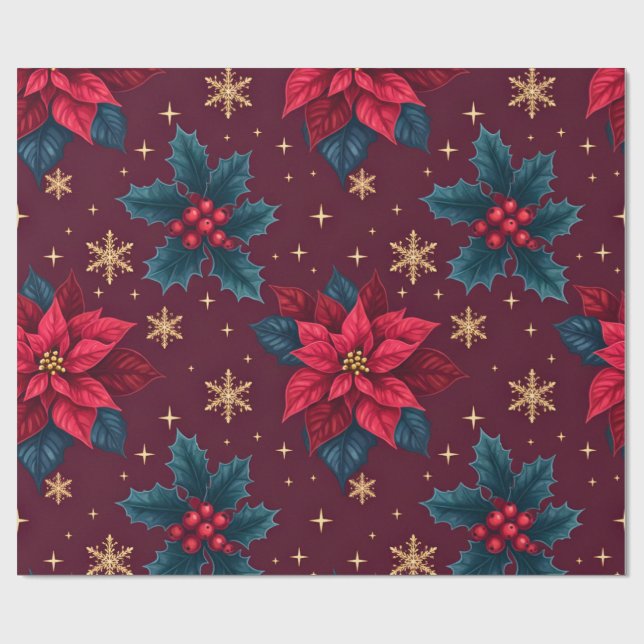 Papel De Presente Burgundy Poinsettia & Gold Snowflake Dark Feminine (Aberto)