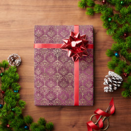 Papel De Presente Burgundy Red Dourada Damask