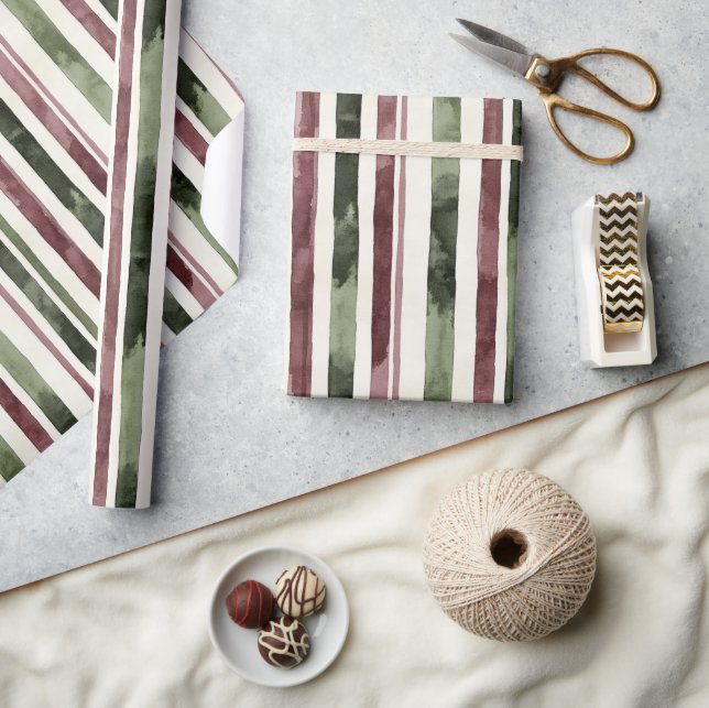 Papel De Presente Burgundy Red Green Cream Stripes Christmas (Artesanato)