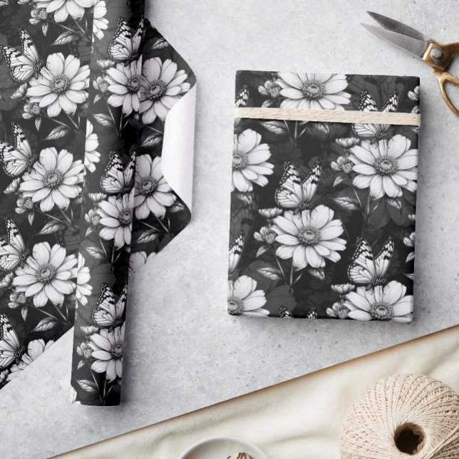 Papel De Presente Butterfly On Flower Patterne Design - Preto (Criador carregado)