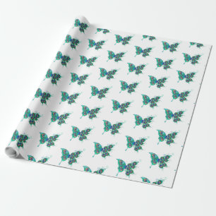 Papel De Presente Butterfly with Green Peacock Feathers