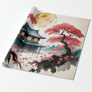 Papel De Presente Cabana ao Luar Floresta Japonesa Arte (5)