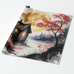 Papel De Presente Cabana ao Luar Floresta Japonesa Arte (7)