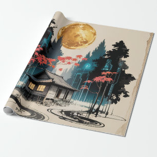 Papel De Presente Cabana ao Luar Floresta Japonesa Arte (9)