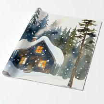 Cabaná de Inverno Vintage em Aquarela de Natal