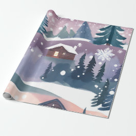 Papel De Presente Cabaná de Montanha Nevada Aquarela