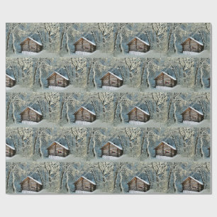 Papel De Presente Cabana Rústica de Madeira Magia de Inverno