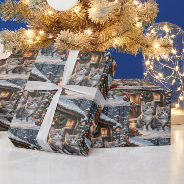 Papel De Presente Cabana Rústica, Gatinhos Fofos e Árvore de Natal  (Feriados)
