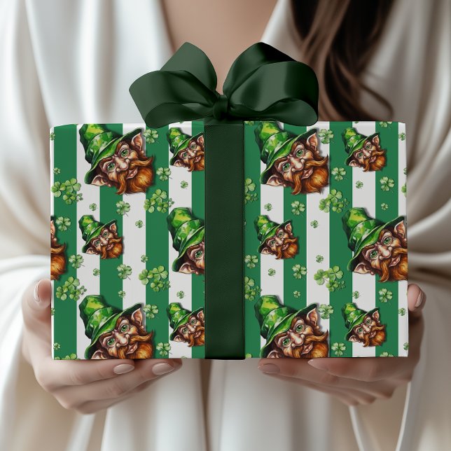 Papel De Presente Cabeça de Gnomo Engraçada Listrada Verde Mar Vinta (Criador carregado)