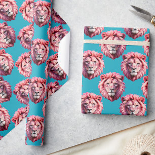 Papel De Presente Cabeça de Leão Rosa Animal Desenho de Padrão Azul