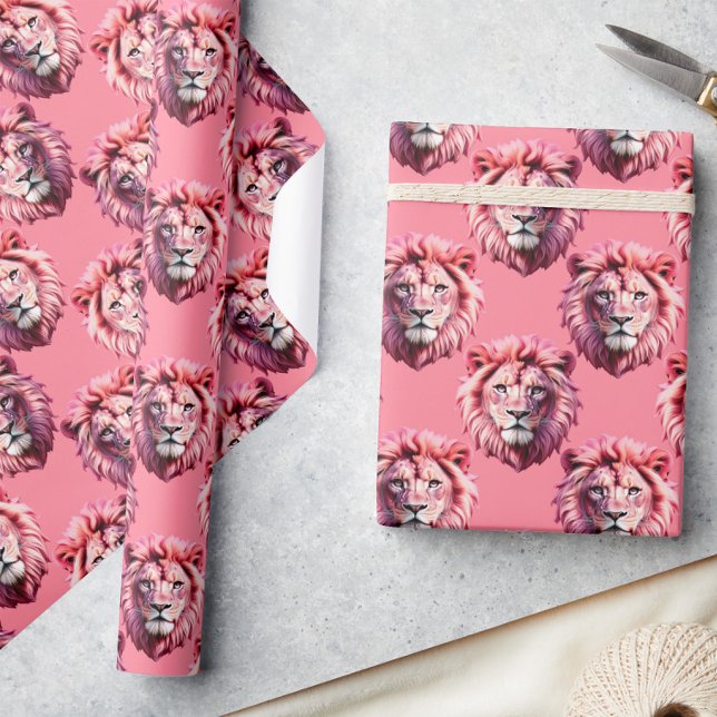 Papel De Presente Cabeça de Leão Rosa Padrão de Animal Design Rosa  (Criador carregado)