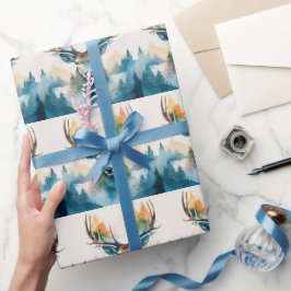 Papel De Presente Cabeça de veado com galhadas e árvores florestais