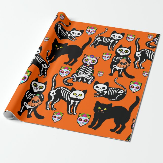 Papel De Presente cabeça do gato de halloween laranja (Desenrolado)
