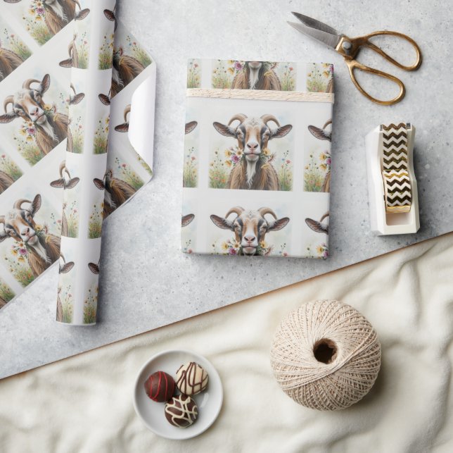 Papel De Presente Cabra Velha com Flores Diversão Padrão de Animal N (Artesanato)