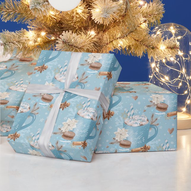 Papel De Presente Cacau Quente e Macaron Blue Winter (Feriados)