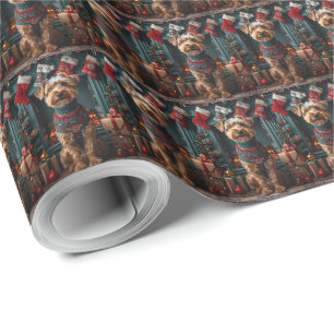 Papel De Presente Cachorro Airedale com Presentes de Natal Lareira