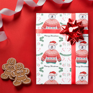 Papel De Presente Cachorro Alaskan Vestindo Suéter de Natal Festivo