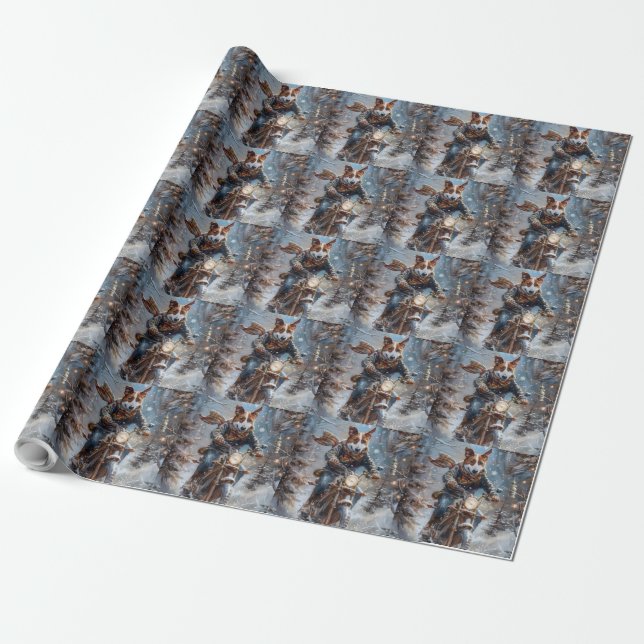 Papel De Presente Cachorro Basenji Pilotando Moto Natal  (Desenrolado)