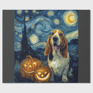 Papel De Presente Cachorro Basset Hound Fofo Abóbora de Halloween Ja