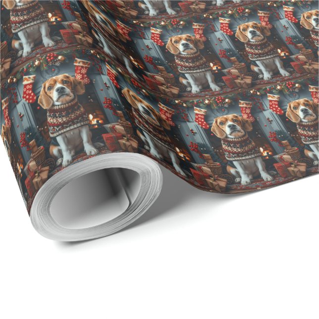 Papel De Presente Cachorro Beagle com Presentes de Natal Lareira (Ponta do rolo)