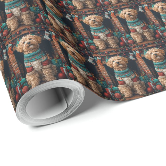 Papel De Presente Cachorro Bernedoodle com Presentes de Natal Lareir (Ponta do rolo)