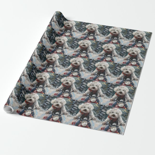 Papel De Presente Cachorro Bichon Frise Pilotando Motocicleta Natal (Desenrolado)
