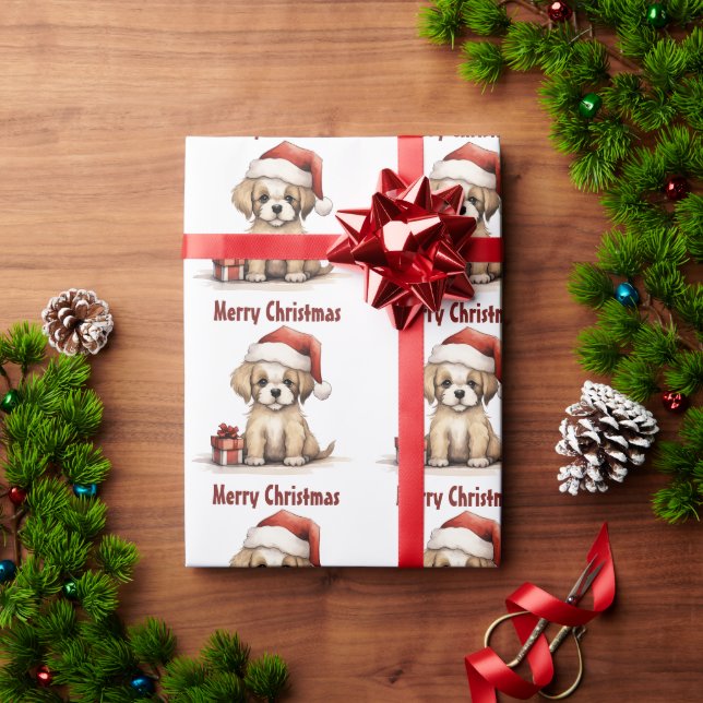 Papel De Presente Cachorro Bonito Vestindo um Papai Noel Feliz Natal (Presente de Natal)