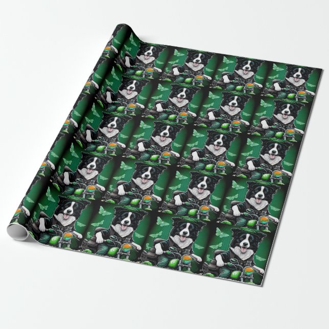 Papel De Presente Cachorro Border Collie Dirigindo Bicicleta Dia de  (Desenrolado)