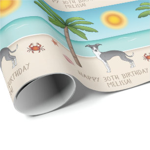 Papel De Presente Cachorro Branco E Azul Em Uma Praia Tropical De Ve