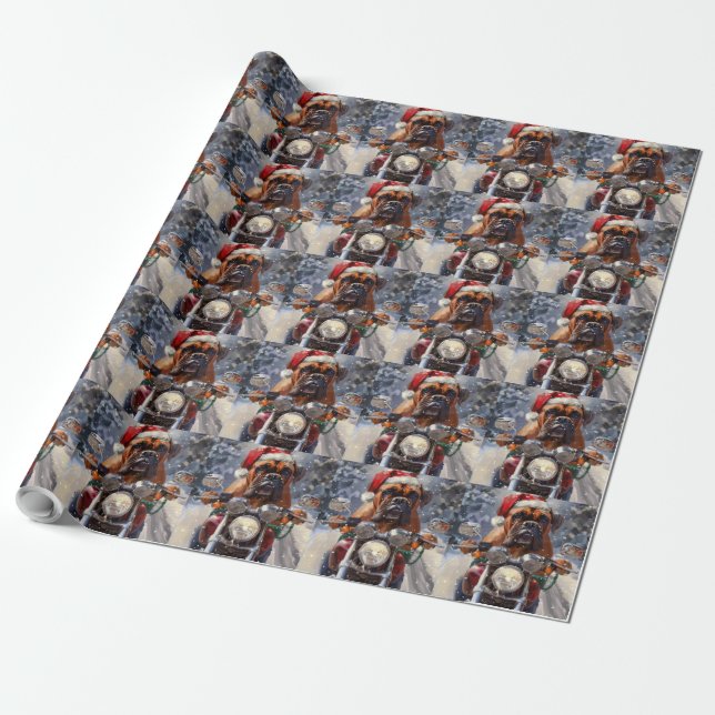 Papel De Presente Cachorro Bullmastiff Pilotando Moto Natal  (Desenrolado)
