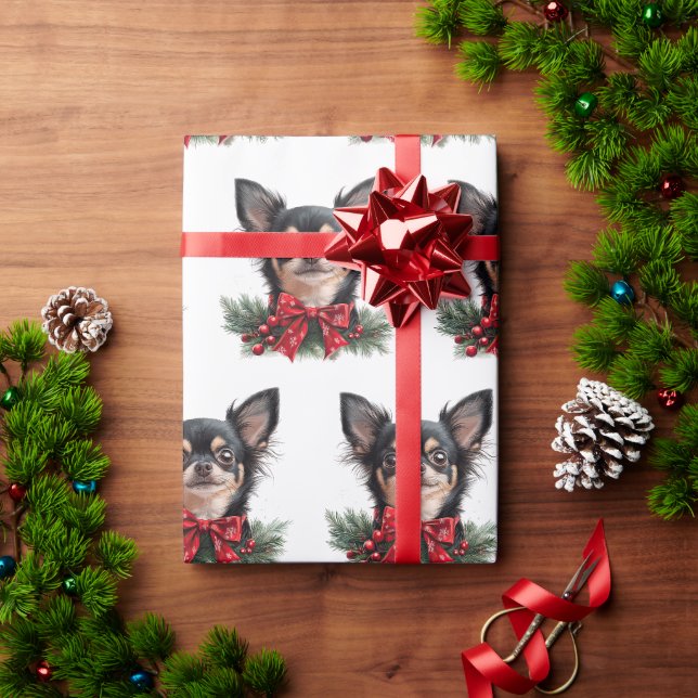 Papel De Presente Cachorro Chihuahua Fofo com Laço de Natal (Presente de Natal)