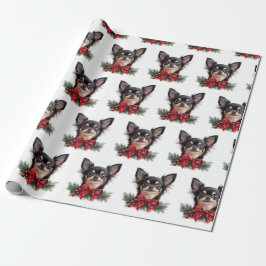 Papel De Presente Cachorro Chihuahua Fofo com Laço de Natal