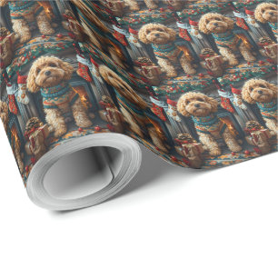 Papel De Presente Cachorro Cockapoo com Presentes de Natal na Lareir
