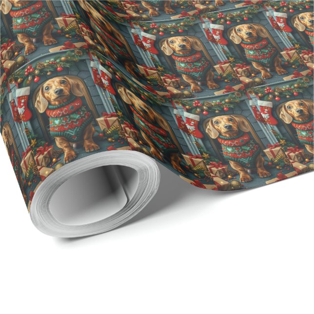Papel De Presente Cachorro Dachshund com Presentes de Natal Lareira (Ponta do rolo)