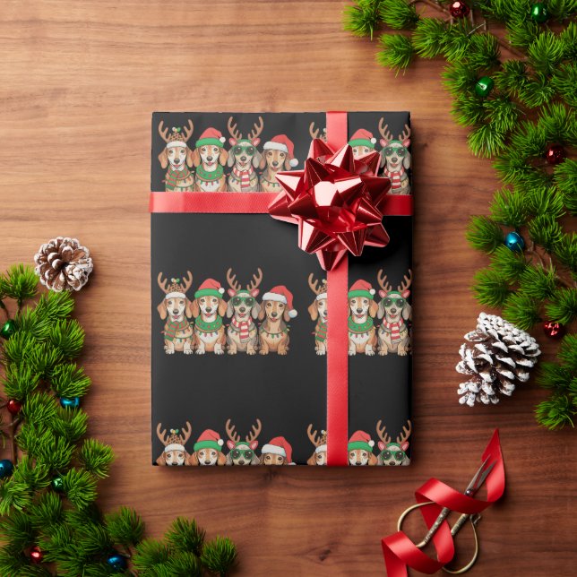 Papel De Presente Cachorro Dachshund de Natal Luzes de Natal Chapéu  (Presente de Natal)