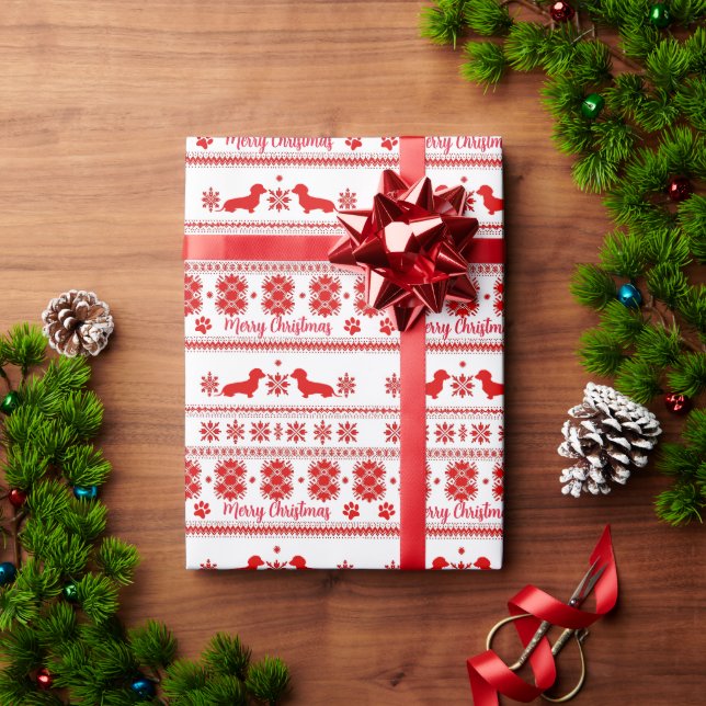 Papel De Presente Cachorro Dachshund Nórdico Vermelho Natal (Presente de Natal)